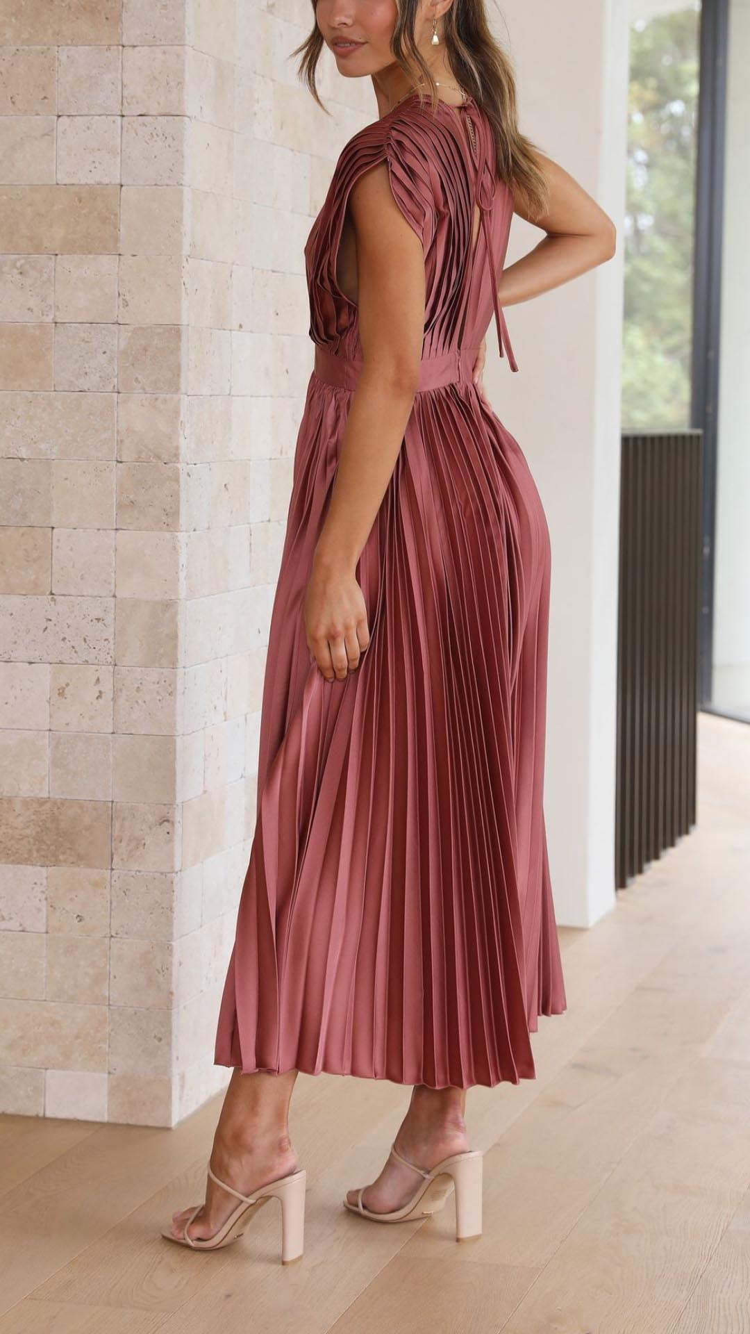 Women's Elegant Pleated Midi Dress V-Neck Wrap Flowing Wedding Guest Casual Evening Formal – Maria - Lolly 