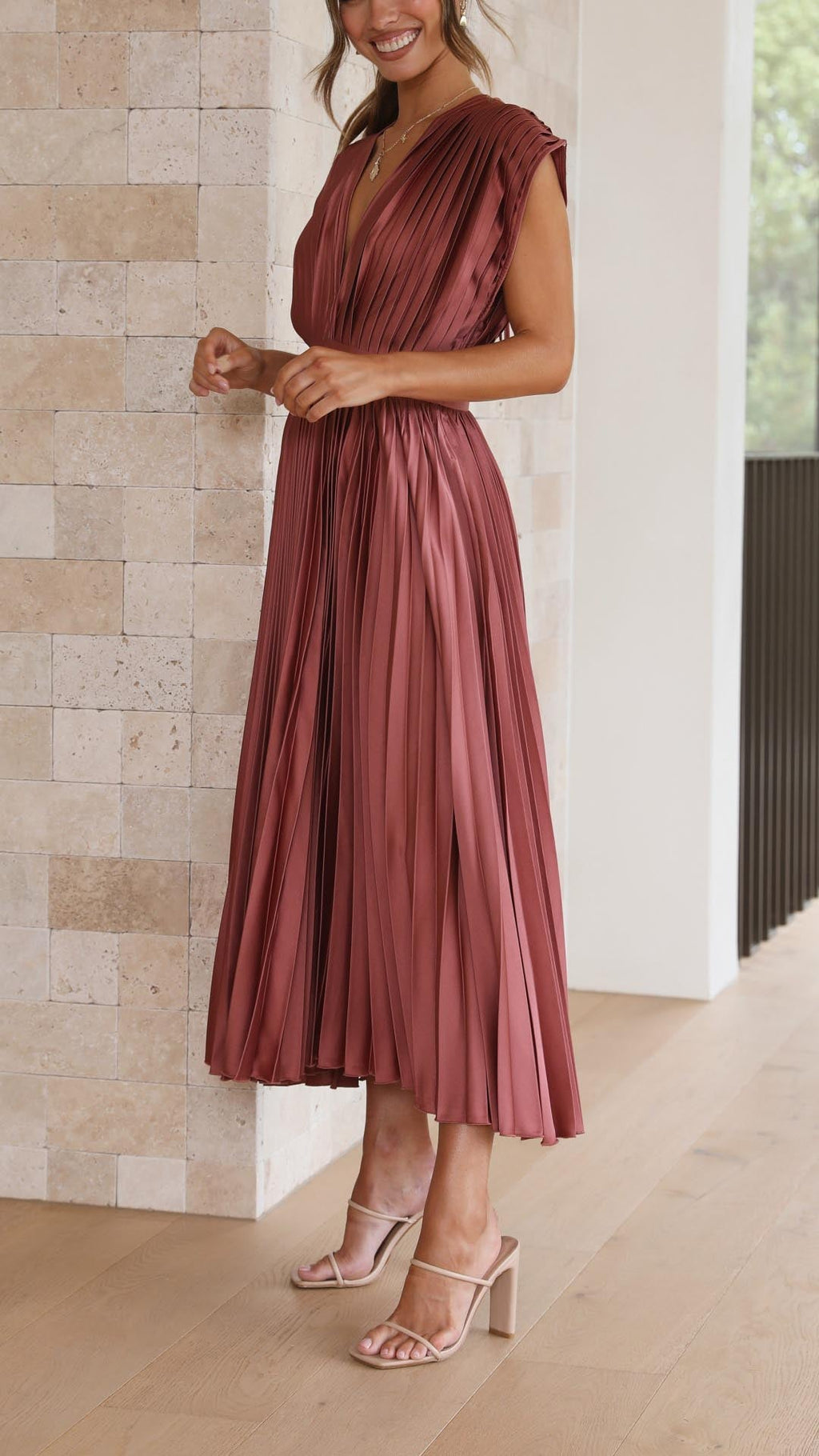 Women's Elegant Pleated Midi Dress V-Neck Wrap Flowing Wedding Guest Casual Evening Formal – Maria - Lolly 