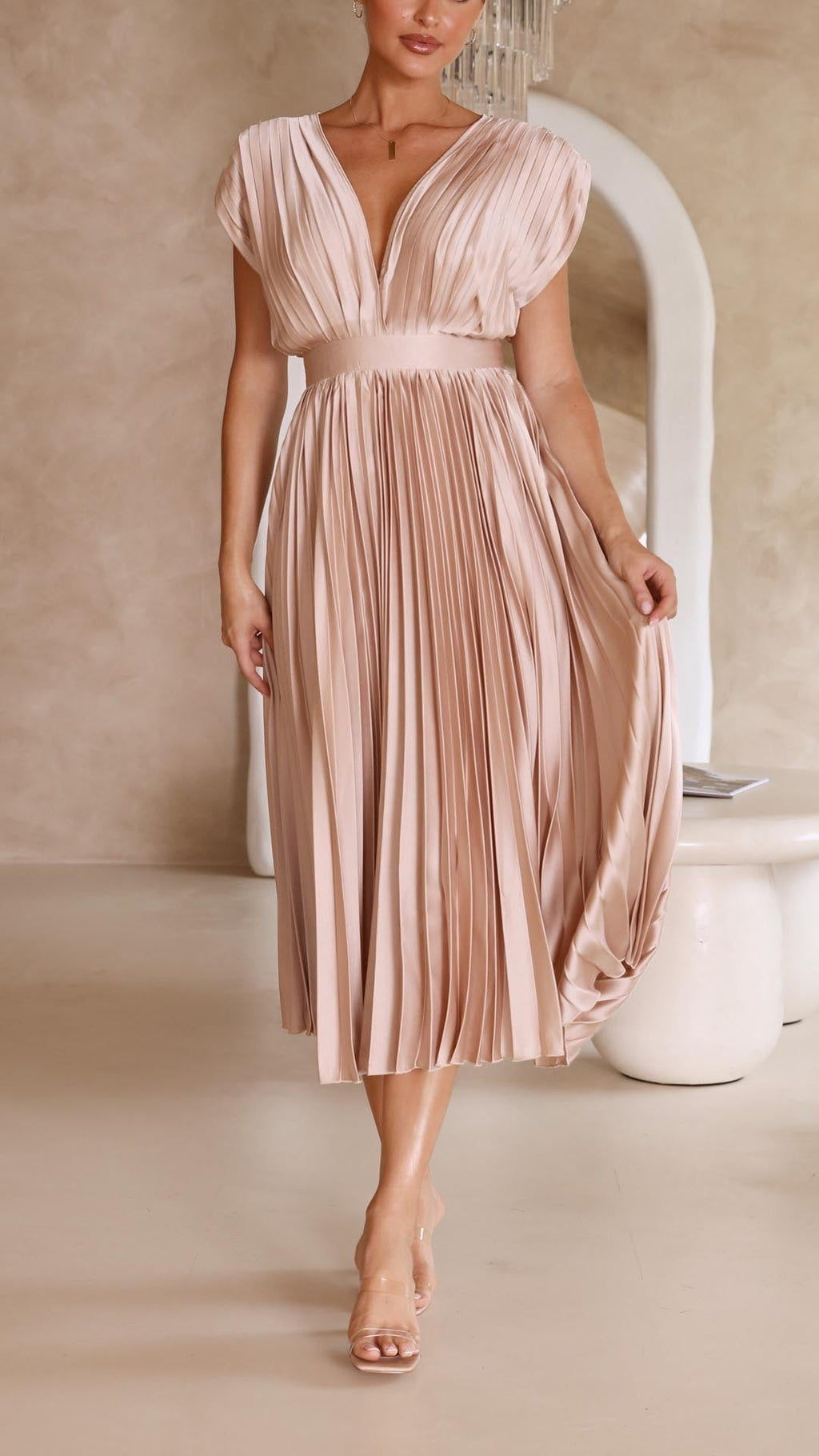 Women's Elegant Pleated Midi Dress V-Neck Wrap Flowing Wedding Guest Casual Evening Formal – Maria - Lolly 