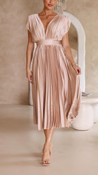 Women's Elegant Pleated Midi Dress V-Neck Wrap Flowing Wedding Guest Casual Evening Formal – Maria - Lolly 