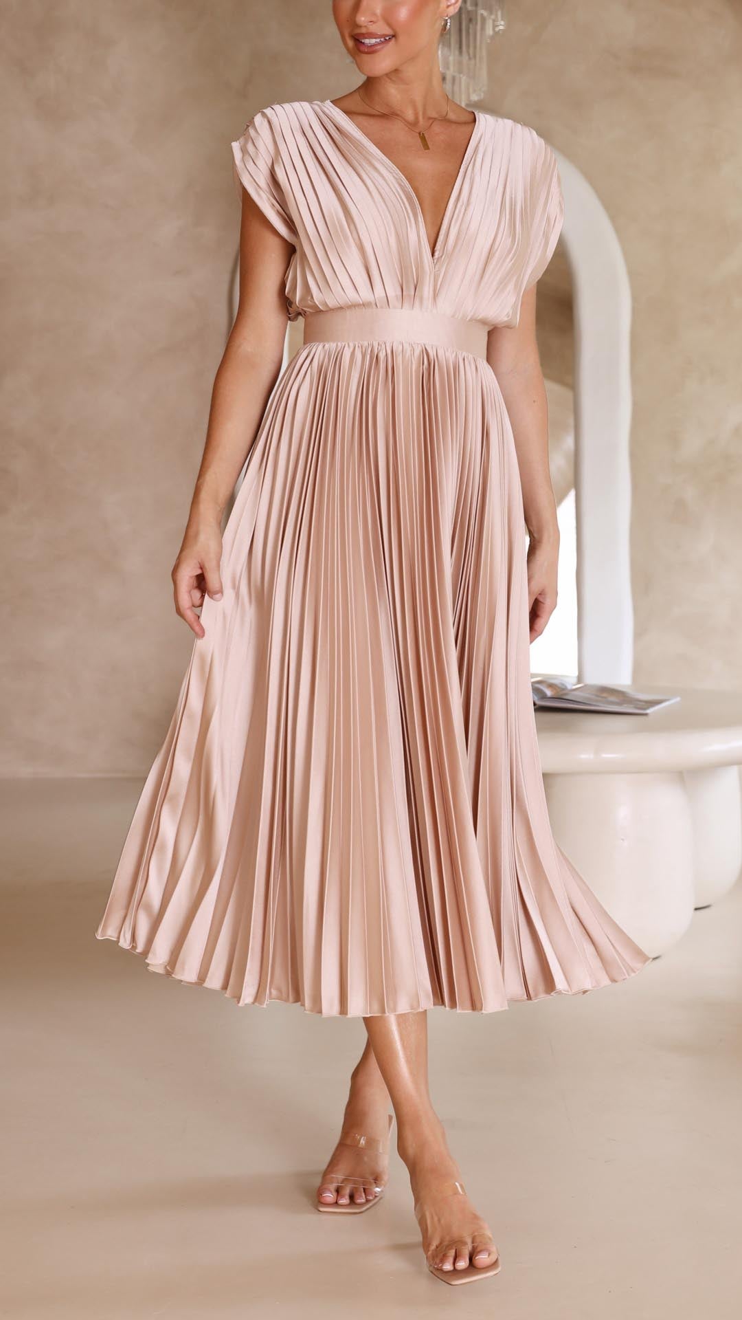 Women's Elegant Pleated Midi Dress V-Neck Wrap Flowing Wedding Guest Casual Evening Formal – Maria - Lolly 