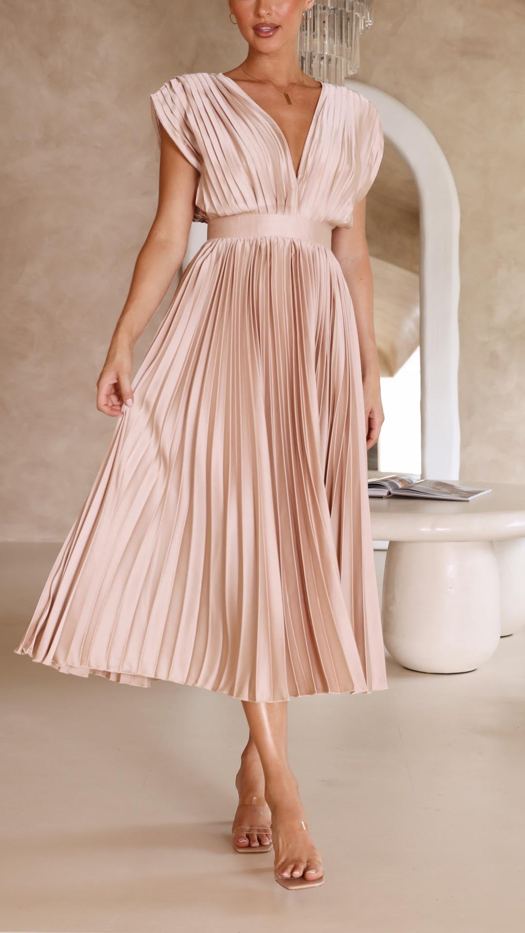 Women's Elegant Pleated Midi Dress V-Neck Wrap Flowing Wedding Guest Casual Evening Formal – Maria - Lolly 