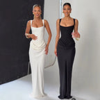 Women's Elegant Satin Long Dress Spaghetti Strap Sleeveless Slim Fit Formal Evening Wedding Guest Cocktail Party Date Night – Sienna - Lolly 