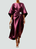 Women's Elegant Satin Midi Dress Wrap Style Long Sleeve Formal Party Wedding Guest – Coralyeth - Lolly 