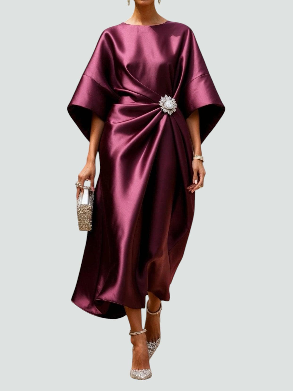 Women's Elegant Satin Midi Dress Wrap Style Long Sleeve Formal Party Wedding Guest – Coralyeth - Lolly 