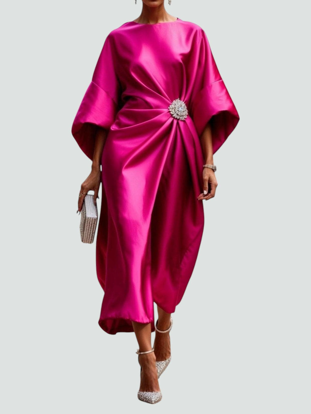 Women's Elegant Satin Midi Dress Wrap Style Long Sleeve Formal Party Wedding Guest – Coralyeth - Lolly 