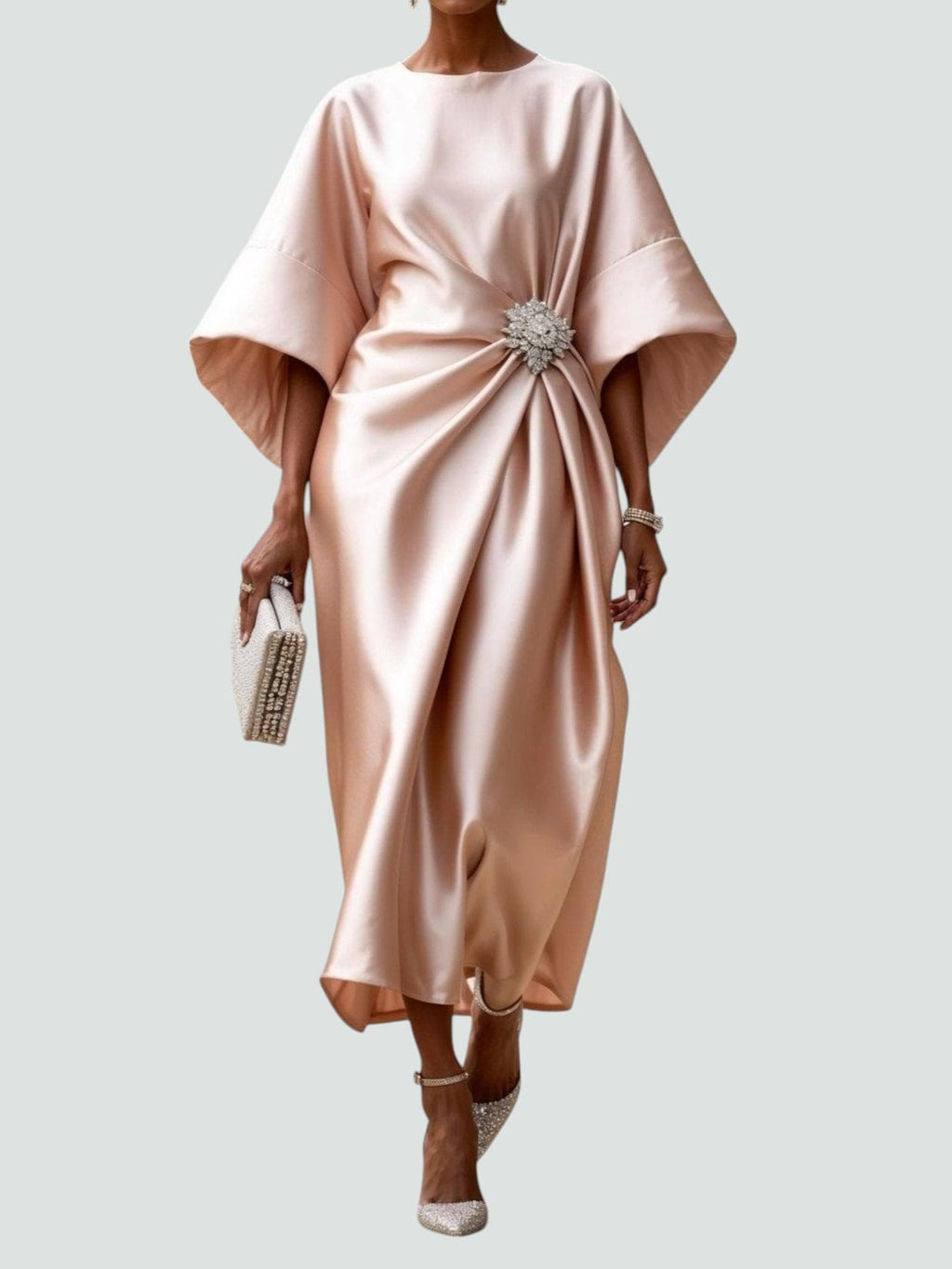 Women's Elegant Satin Midi Dress Wrap Style Long Sleeve Formal Party Wedding Guest – Coralyeth - Lolly 