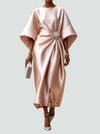 Women's Elegant Satin Midi Dress Wrap Style Long Sleeve Formal Party Wedding Guest – Coralyeth - Lolly 