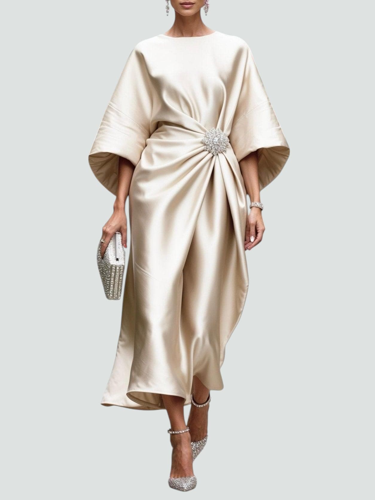 Women's Elegant Satin Midi Dress Wrap Style Long Sleeve Formal Party Wedding Guest – Coralyeth - Lolly 