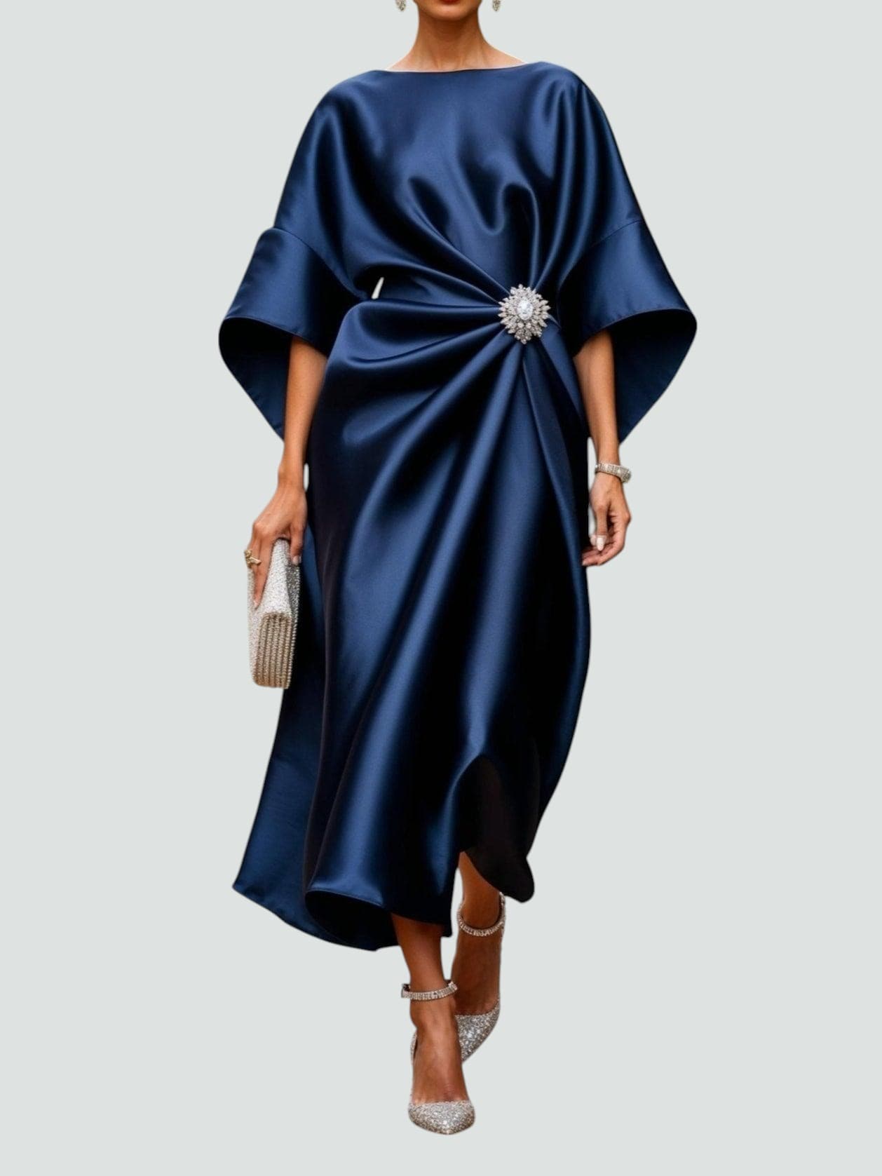Women's Elegant Satin Midi Dress Wrap Style Long Sleeve Formal Party Wedding Guest – Coralyeth - Lolly 
