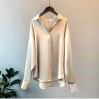 Women's Elegant Silk Satin Shirt V-Neck Long Sleeve Casual Formal Everyday Blouse – Teresa - Lolly 