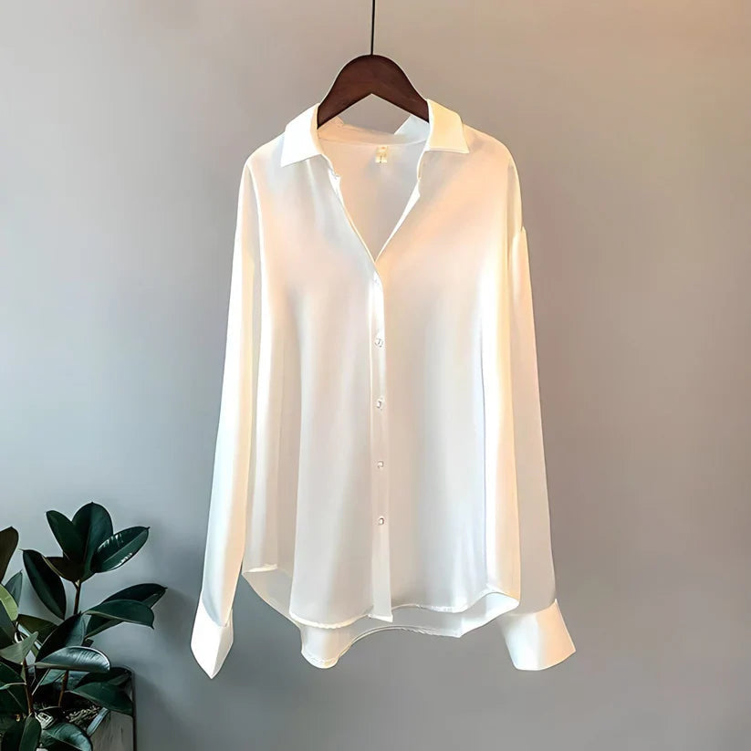 Women's Elegant Silk Satin Shirt V-Neck Long Sleeve Casual Formal Everyday Blouse – Teresa - Lolly 