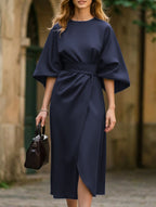 Women's Elegant Solid Color Wrap Knot Midi Dress Batwing Sleeve Polyester Wedding Guest Formal Party Dress - Lolly 