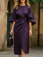 Women's Elegant Solid Color Wrap Knot Midi Dress Batwing Sleeve Polyester Wedding Guest Formal Party Dress - Lolly 