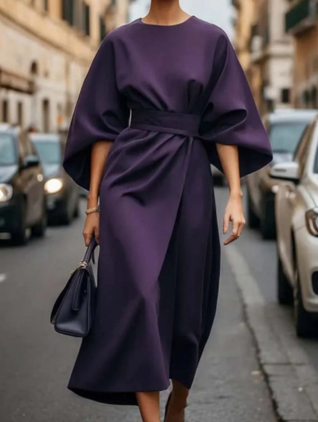 Women's Elegant Solid Color Wrap Knot Midi Dress Batwing Sleeve Polyester Wedding Guest Formal Party Dress - Lolly 