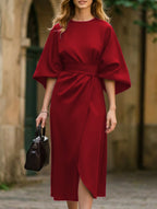 Women's Elegant Solid Color Wrap Knot Midi Dress Batwing Sleeve Polyester Wedding Guest Formal Party Dress - Lolly 