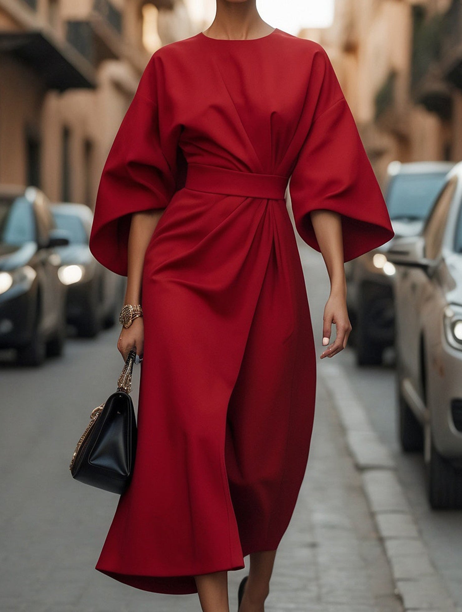 Women's Elegant Solid Color Wrap Knot Midi Dress Batwing Sleeve Polyester Wedding Guest Formal Party Dress - Lolly 