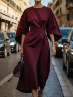 Women's Elegant Solid Color Wrap Knot Midi Dress Batwing Sleeve Polyester Wedding Guest Formal Party Dress - Lolly 