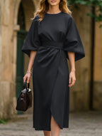 Women's Elegant Solid Color Wrap Knot Midi Dress Batwing Sleeve Polyester Wedding Guest Formal Party Dress - Lolly 