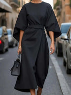 Women's Elegant Solid Color Wrap Knot Midi Dress Batwing Sleeve Polyester Wedding Guest Formal Party Dress - Lolly 