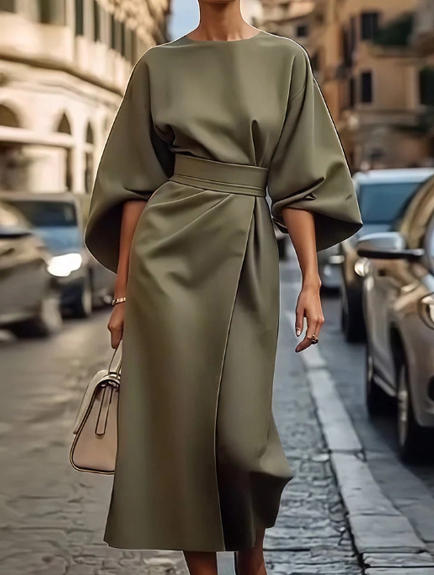 Women's Elegant Solid Color Wrap Knot Midi Dress Batwing Sleeve Polyester Wedding Guest Formal Party Dress - Lolly 
