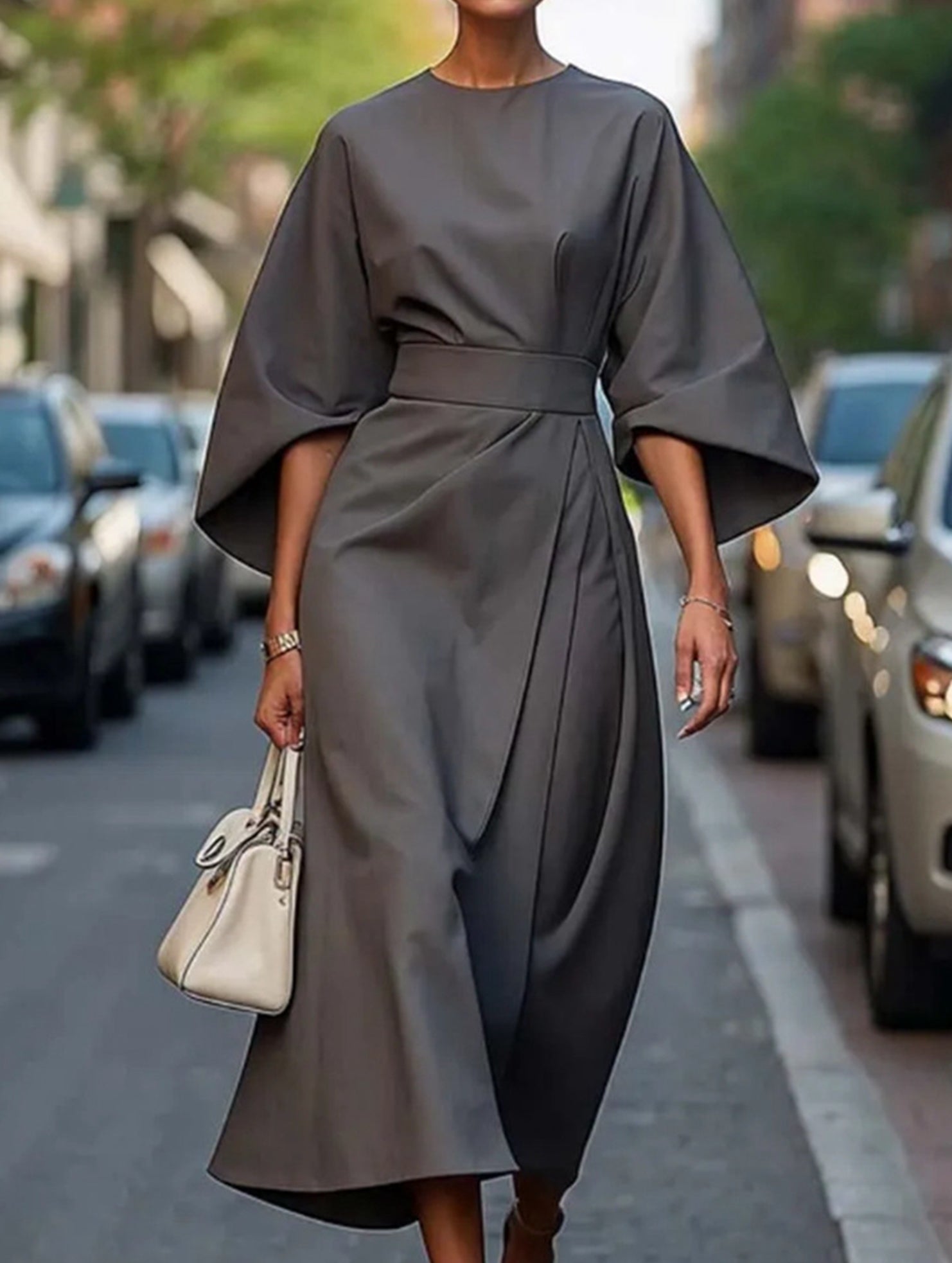 Women's Elegant Solid Color Wrap Knot Midi Dress Batwing Sleeve Polyester Wedding Guest Formal Party Dress - Lolly 