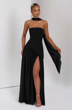 Women's Elegant Strapless Maxi Dress Fitted Slit Formal Party Wedding Guest Sophisticated – Mya - Lolly 