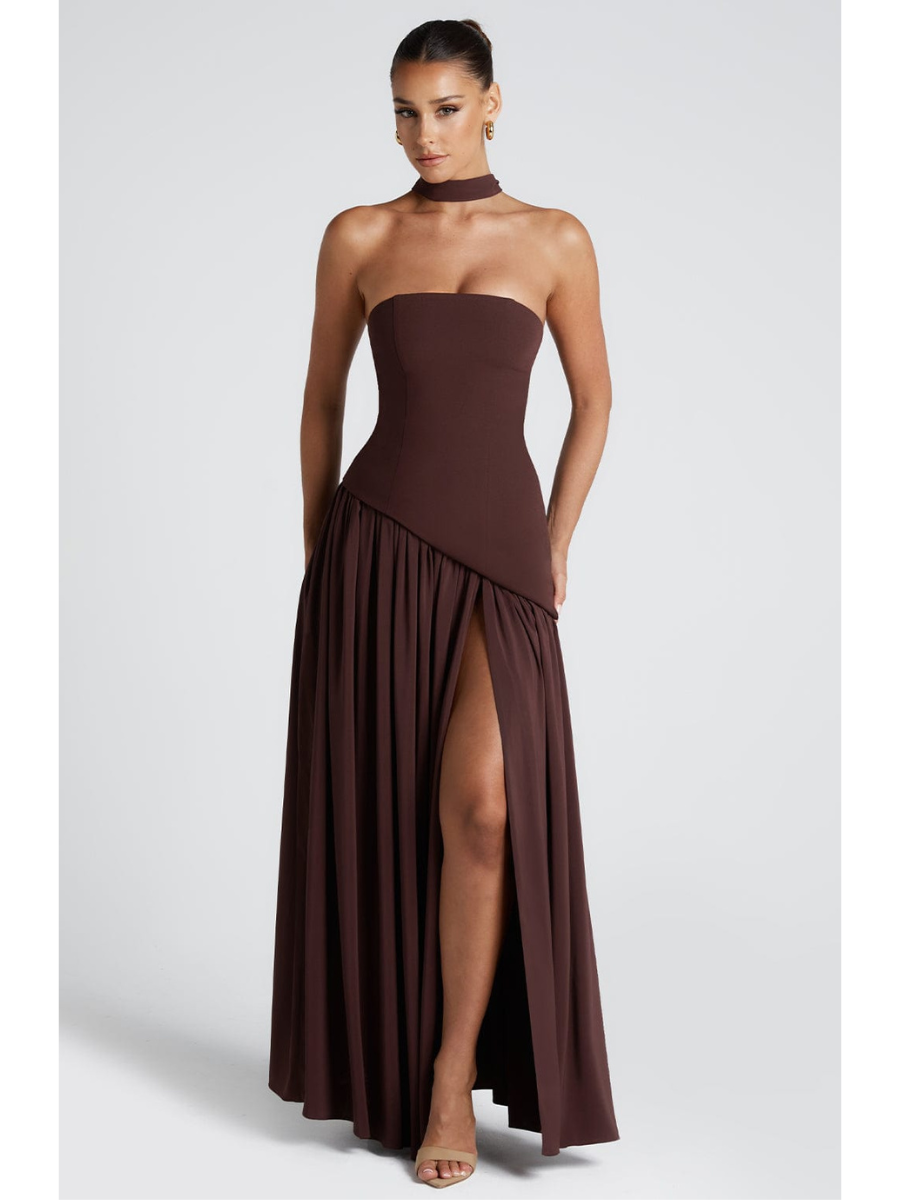 Women's Elegant Strapless Maxi Dress Fitted Slit Formal Party Wedding Guest Sophisticated – Mya - Lolly 