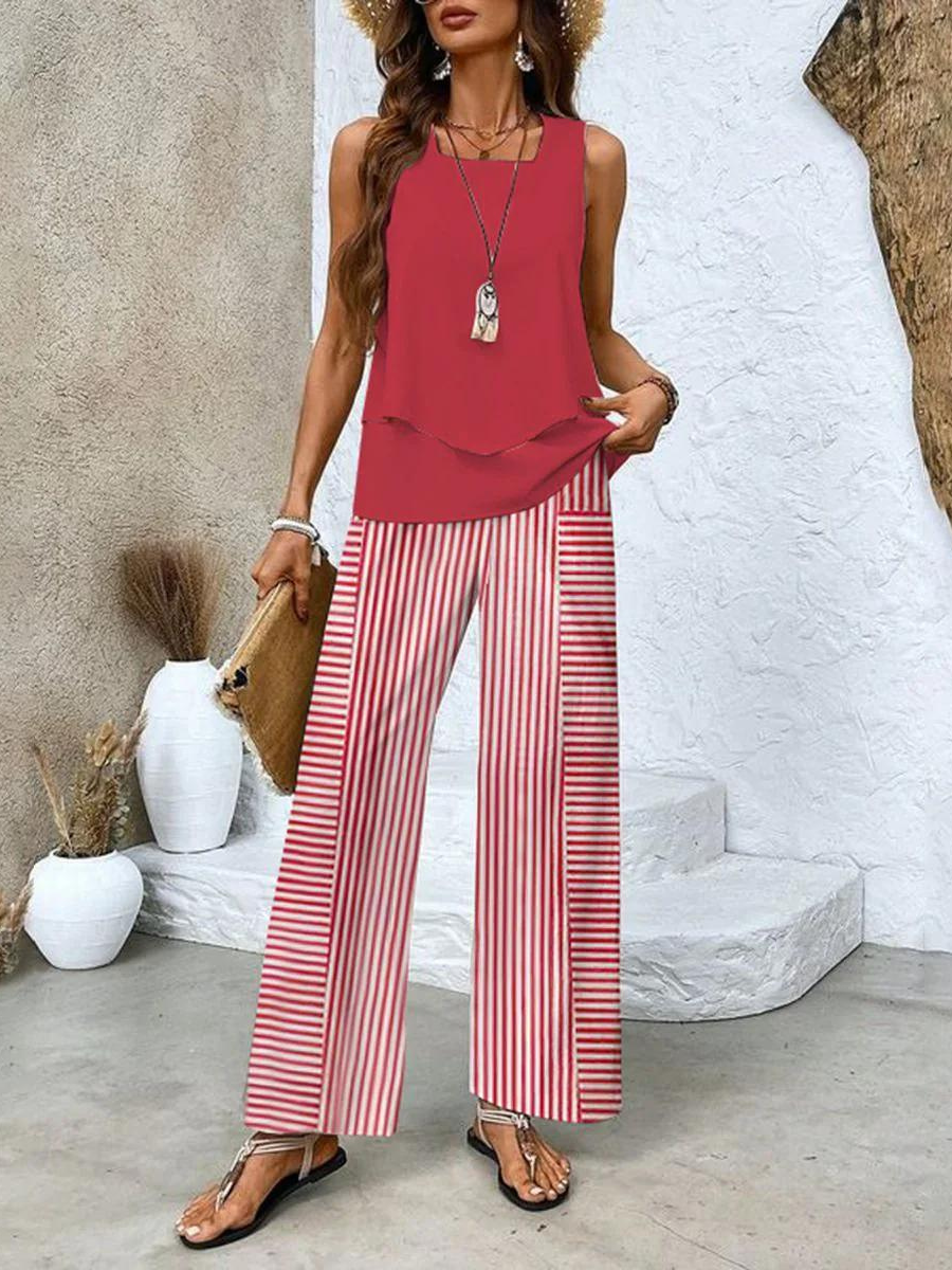 Women's Elegant Two-Piece Set Flowy Sleeveless Top & Wide Leg Floral Pants Casual Summer Beach Vacation Resort Brunch Everyday – Averie - Lolly 