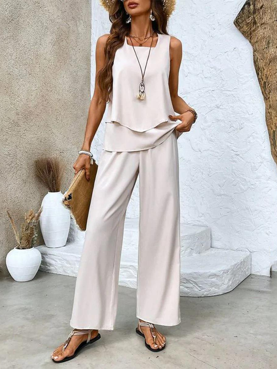 Women's Elegant Two-Piece Set Flowy Sleeveless Top & Wide Leg Floral Pants Casual Summer Beach Vacation Resort Brunch Everyday – Averie - Lolly 