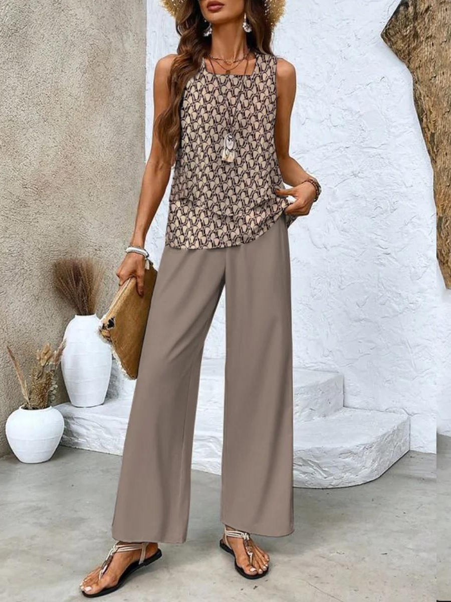 Women's Elegant Two-Piece Set Flowy Sleeveless Top & Wide Leg Floral Pants Casual Summer Beach Vacation Resort Brunch Everyday – Averie - Lolly 