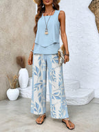 Women's Elegant Two-Piece Set Flowy Sleeveless Top & Wide Leg Floral Pants Casual Summer Beach Vacation Resort Brunch Everyday – Averie - Lolly 