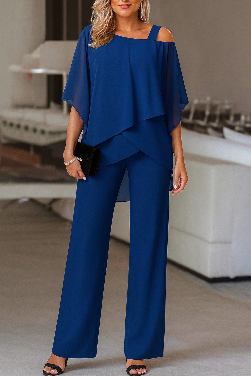 Women's Elegant Two-Piece Set Top & Wide-Leg Pants Formal Evening Wedding Guest Gala Cocktail Party Luxury – Burgundy Black White Blue - Lolly 