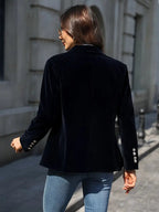 Women's Elegant Velvet Blazer Structured Shoulders Slim Fit Gold-Tone Buttons Formal Casual – Navy - Lolly 