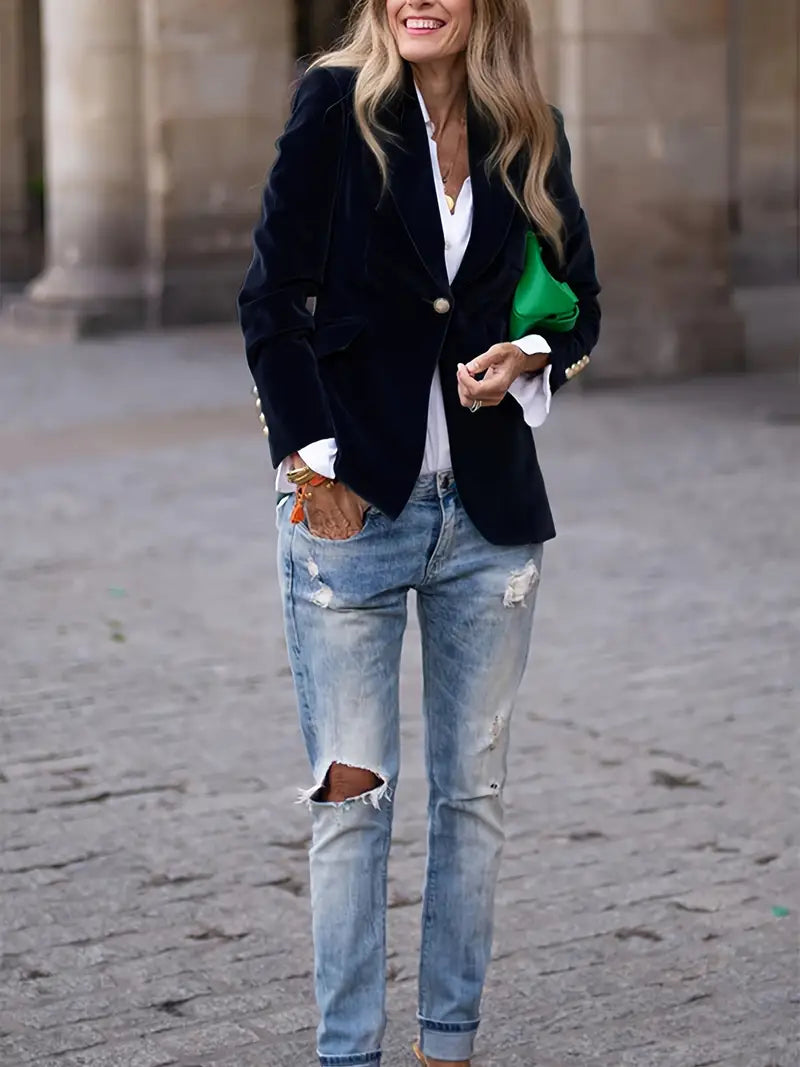 Women's Elegant Velvet Blazer Structured Shoulders Slim Fit Gold-Tone Buttons Formal Casual – Navy - Lolly 