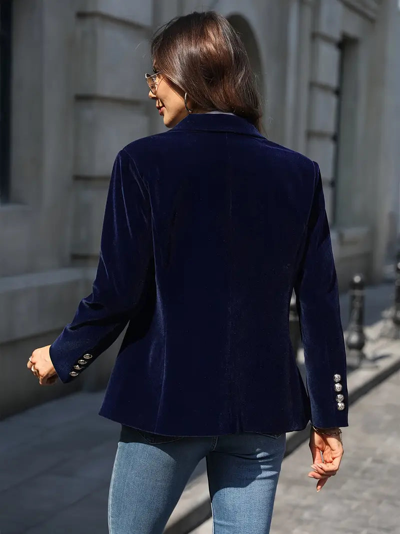 Women's Elegant Velvet Blazer Structured Shoulders Slim Fit Gold-Tone Buttons Formal Casual – Navy - Lolly 