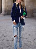 Women's Elegant Velvet Blazer Structured Shoulders Slim Fit Gold-Tone Buttons Formal Casual – Navy - Lolly 