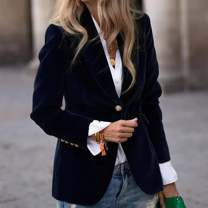 Women's Elegant Velvet Blazer Structured Shoulders Slim Fit Gold-Tone Buttons Formal Casual – Navy - Lolly 