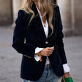 Women's Elegant Velvet Blazer Structured Shoulders Slim Fit Gold-Tone Buttons Formal Casual – Navy - Lolly 