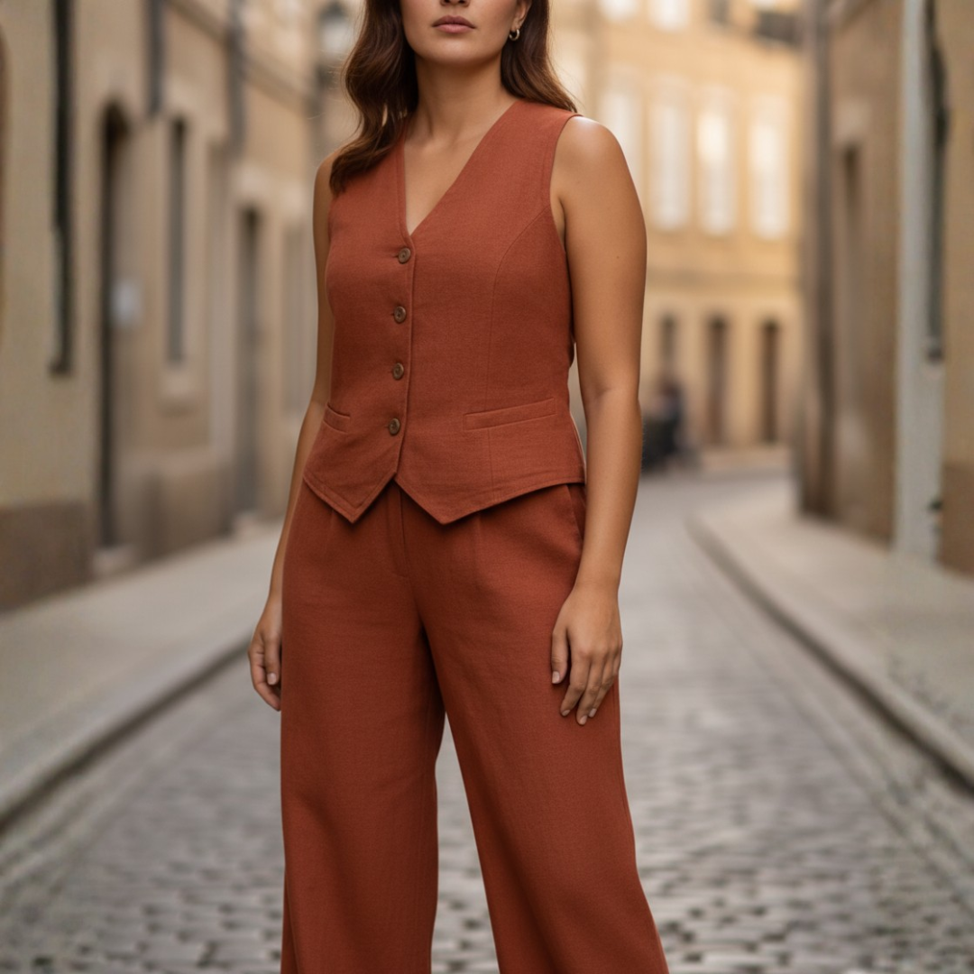 Women's Elegant Vest Jumpsuit Two-Piece Suit Set Formal Work Office Business Cocktail – Rust - Lolly 