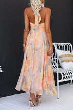Women's Elegant Watercolour Halter Neck Long Dress Chiffon Floral Formal Wedding Guest Party Dress – Sandra Peach - Lolly 