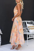 Women's Elegant Watercolour Halter Neck Long Dress Chiffon Floral Formal Wedding Guest Party Dress – Sandra Peach - Lolly 