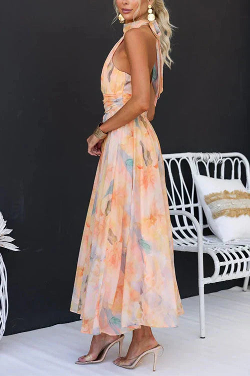Women's Elegant Watercolour Halter Neck Long Dress Chiffon Floral Formal Wedding Guest Party Dress – Sandra Peach - Lolly 