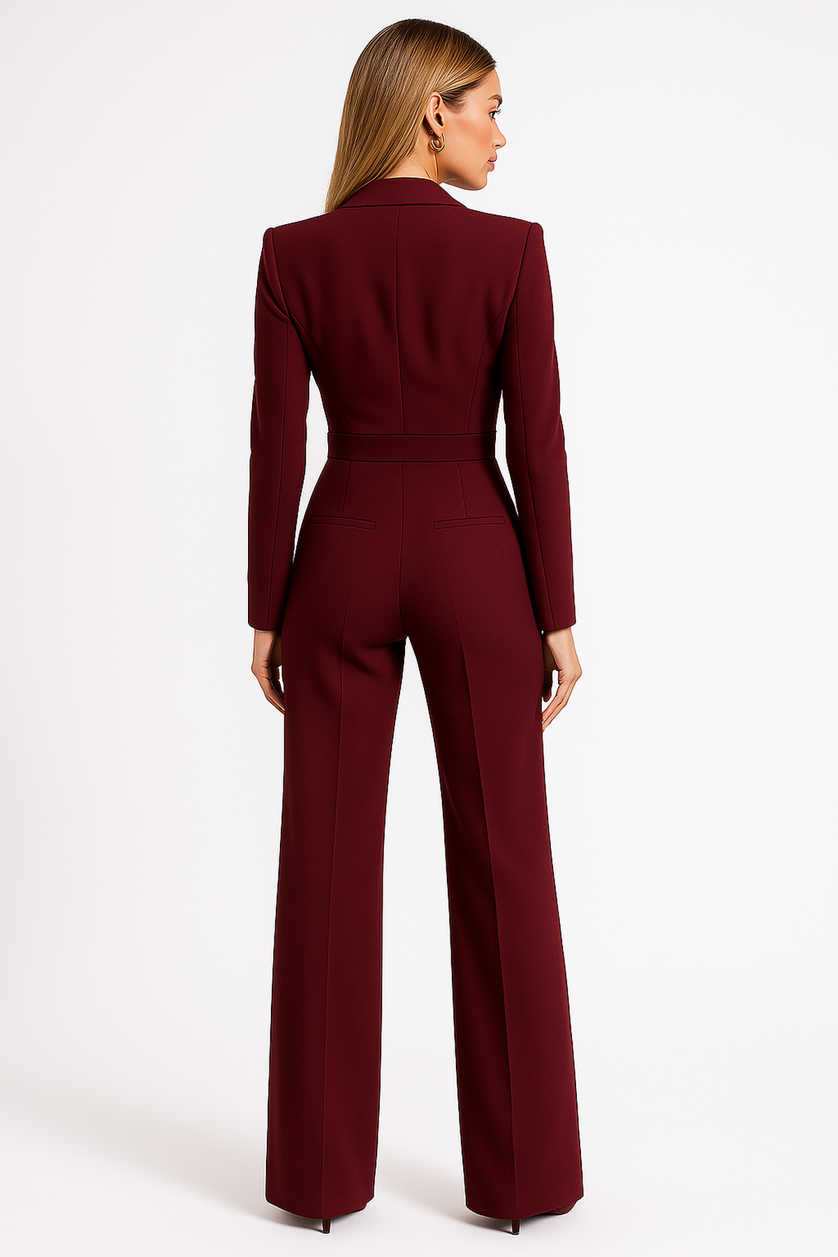 Women's Elegant Wrap Jumpsuit Long Sleeve Wide Leg Formal Party – Burgundy - Lolly 
