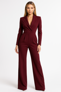 Women's Elegant Wrap Jumpsuit Long Sleeve Wide Leg Formal Party – Burgundy - Lolly 