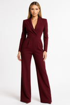 Women's Elegant Wrap Jumpsuit Long Sleeve Wide Leg Formal Party – Burgundy - Lolly 