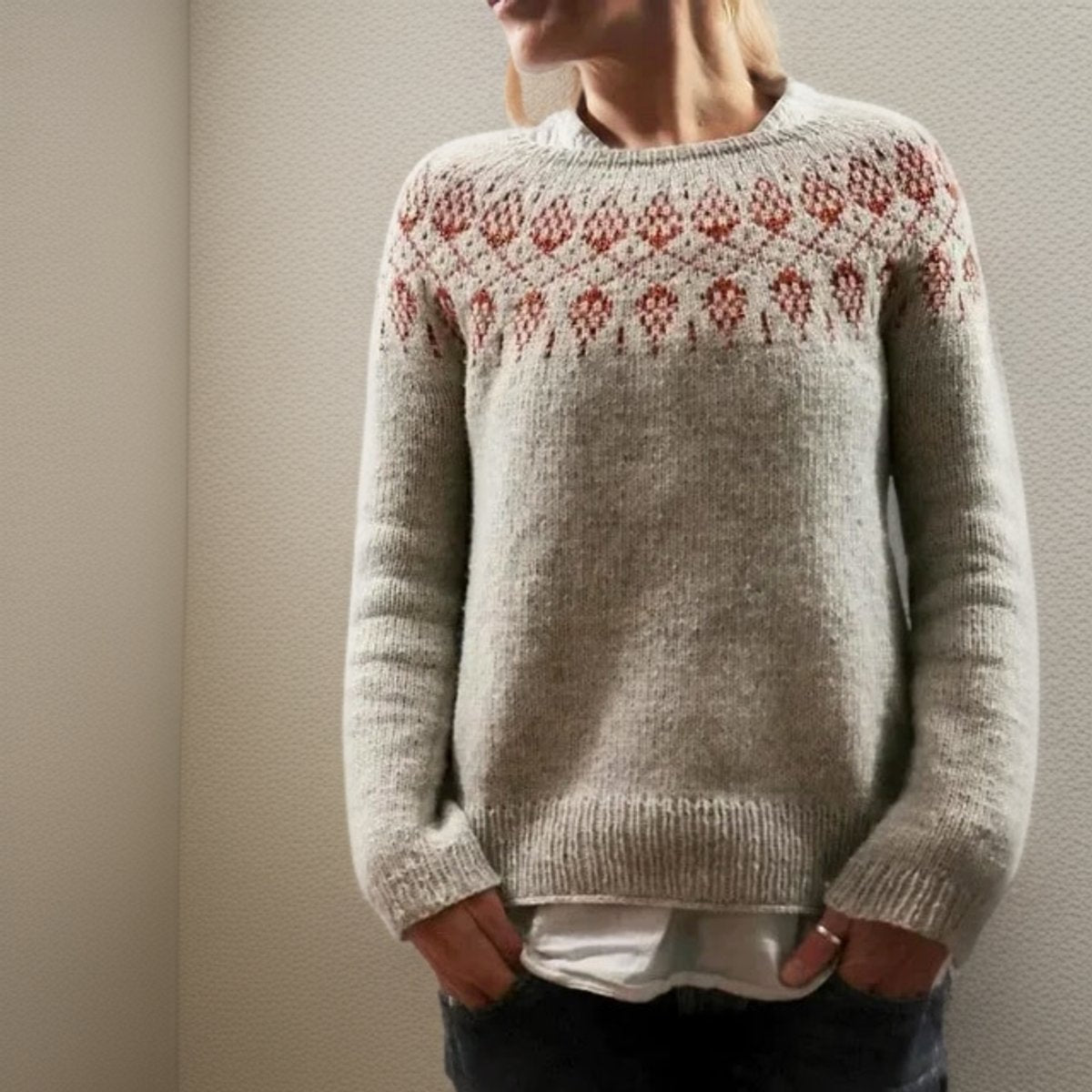 Women's Fair Isle Icelandic Knit Sweater Relaxed Crewneck Pullover Nordic Yoke - Lolly 