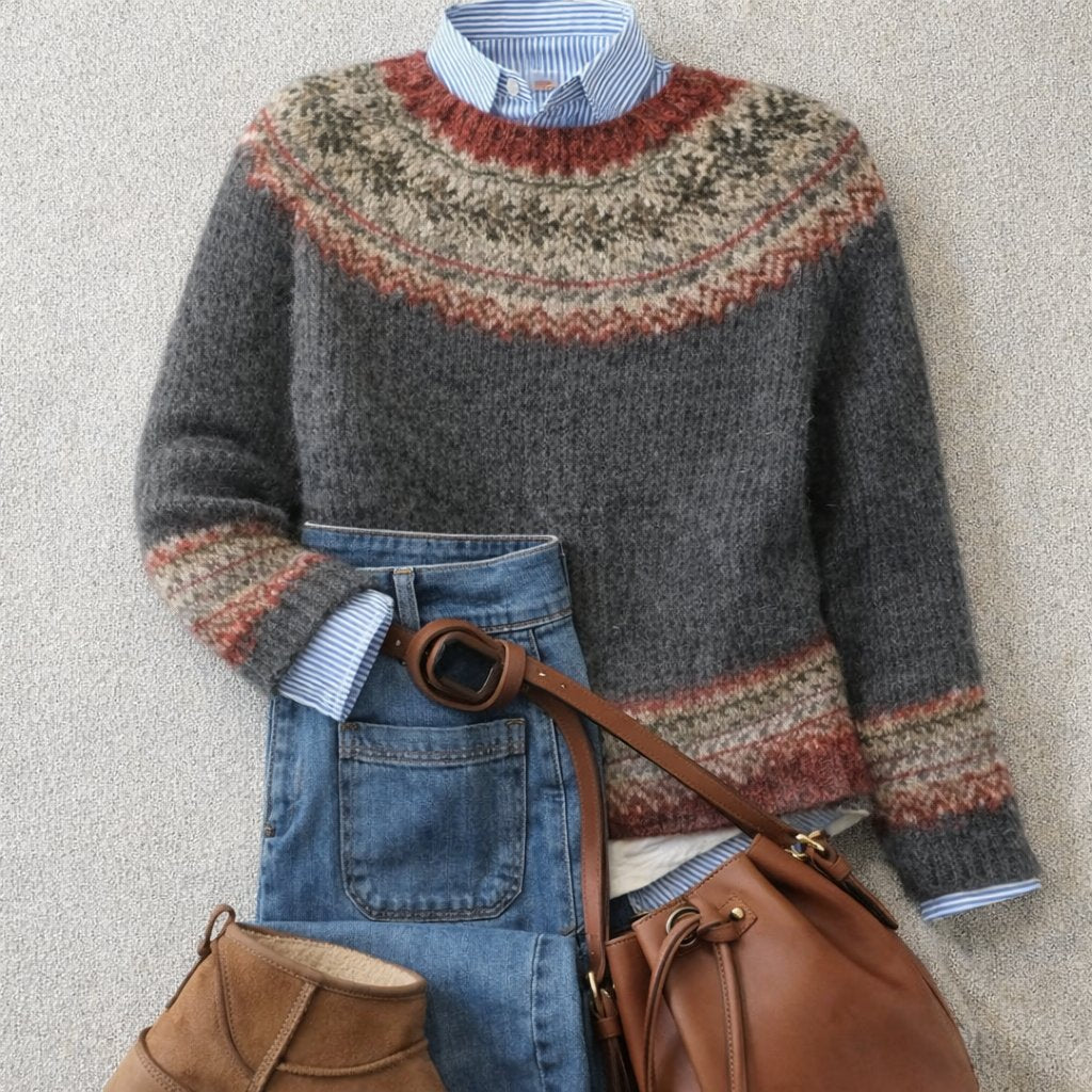 Women's Fair Isle Nordic Knit Crewneck Sweater Relaxed Fit Casual Winter Pullover - Lolly 
