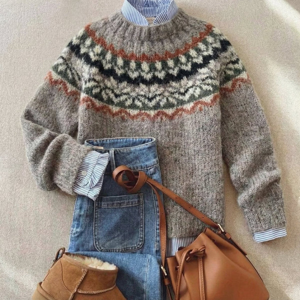 Women's Fair Isle Nordic Knit Sweater Oversized Crewneck Pullover Casual Winter - Lolly 