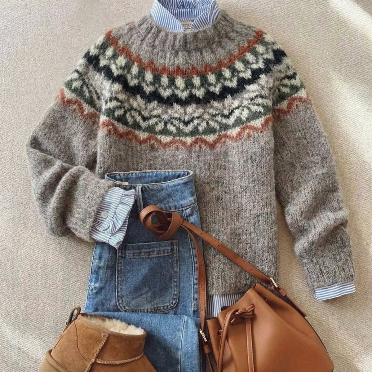Women's Fair Isle Nordic Knit Sweater Oversized Crewneck Pullover Casual Winter - Lolly 